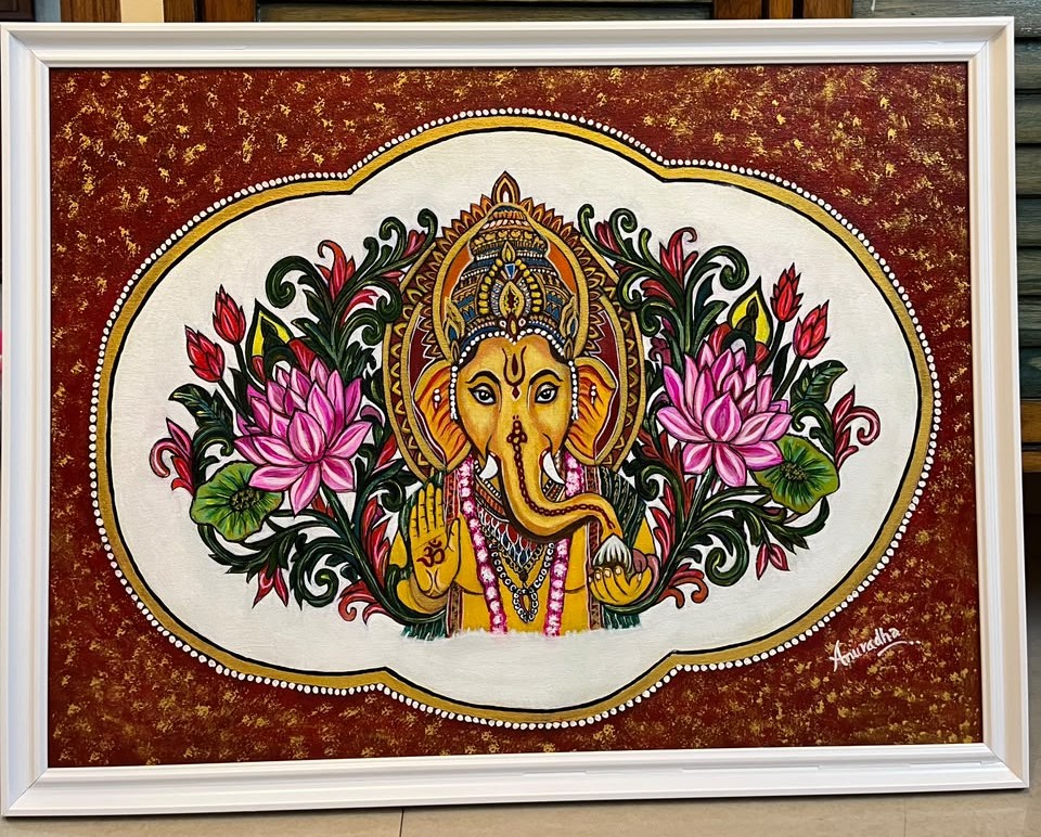 Lord Ganesha with Divine Lotus - Traditional Indian Mythological Painting